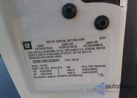 2001 GMC Sierra 1500 Sl из США, поврежденный, VIN 1GTEC14V21Z249471